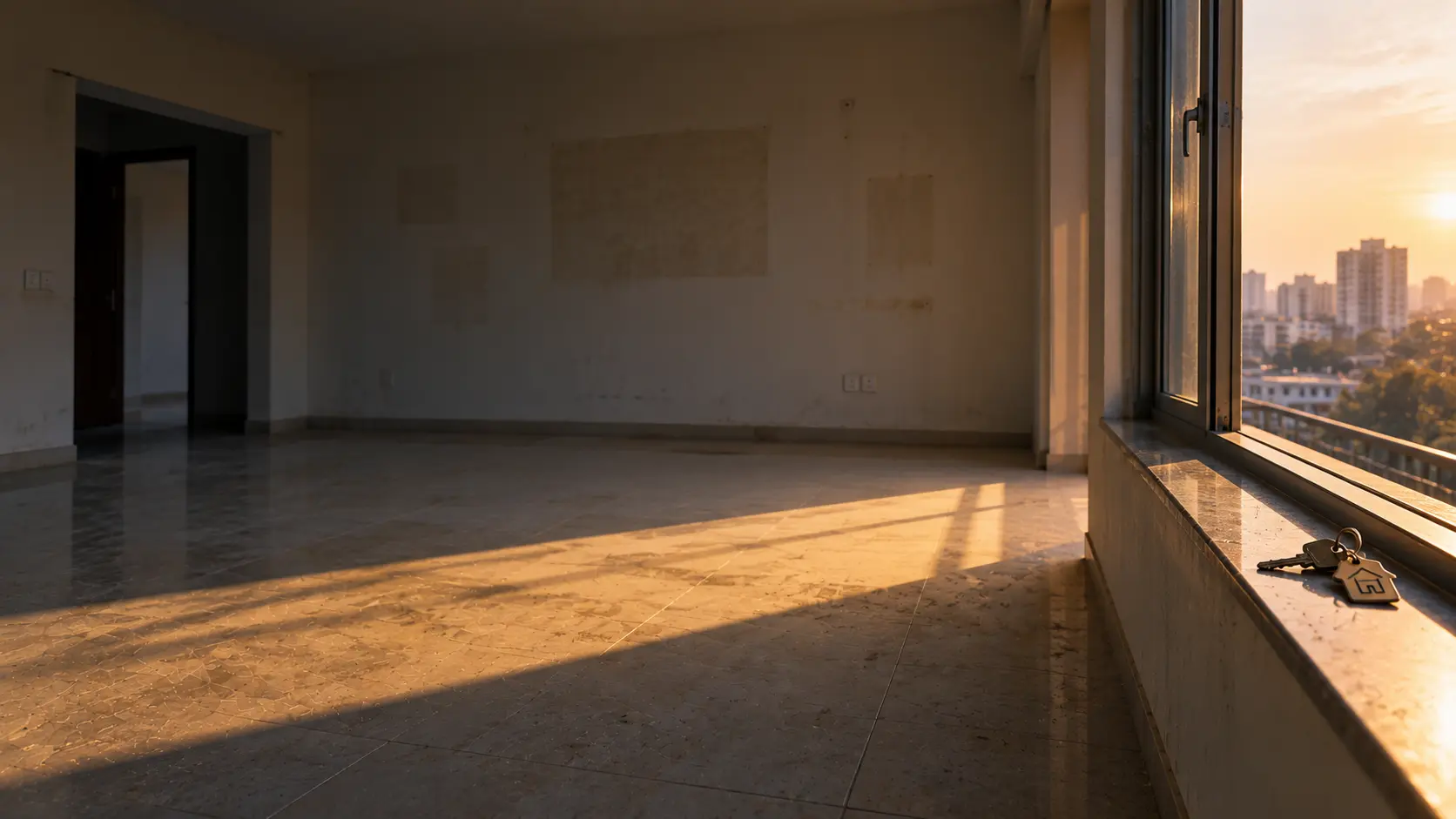 An empty sunlit room in a vacant flat with a set of keys resting on the windowsill